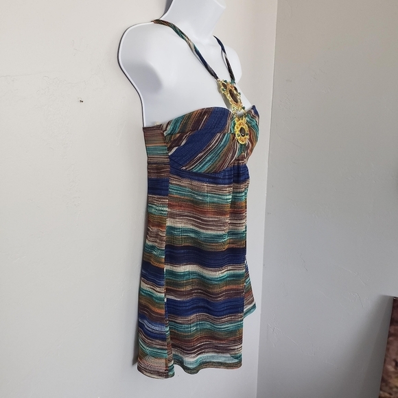 S-Twelve Sample Tank Top Blouse Big Metal Gold Gem Mesh Green Blue Brown Boho - Picture 3 of 9
